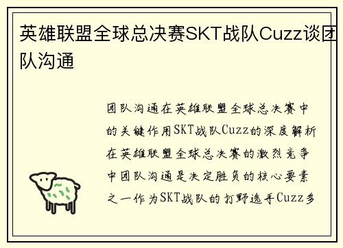 英雄联盟全球总决赛SKT战队Cuzz谈团队沟通