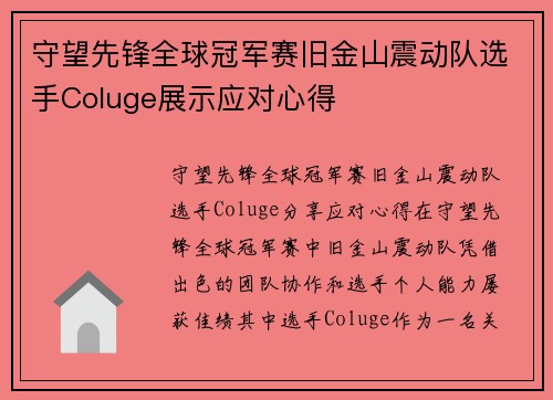 守望先锋全球冠军赛旧金山震动队选手Coluge展示应对心得